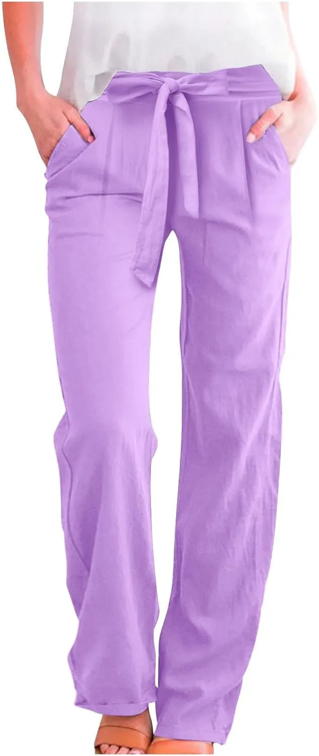 Womens Linen Summer Flowy Pants Elastic Waist Lounge Pants Slim Fit Trouser Travel