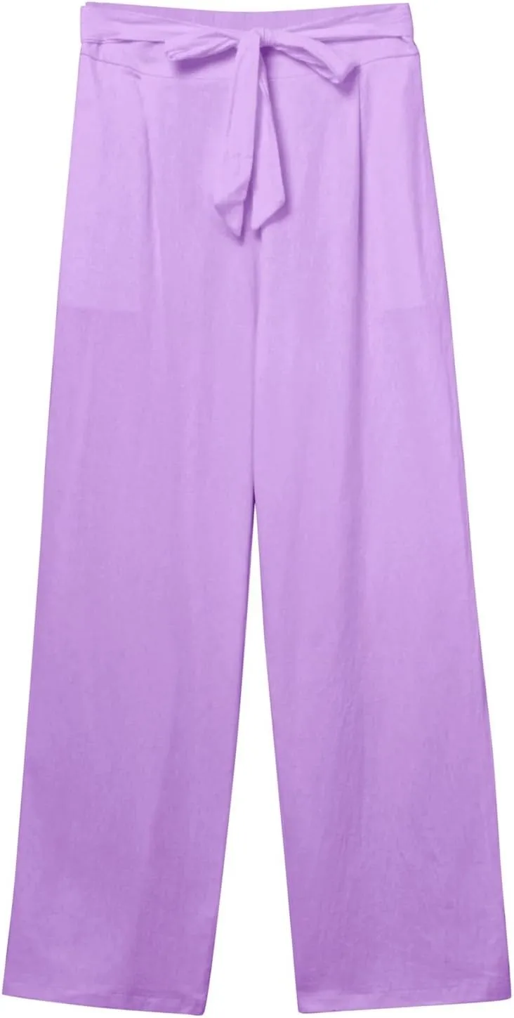 Womens Linen Summer Flowy Pants Elastic Waist Lounge Pants Slim Fit Trouser Travel