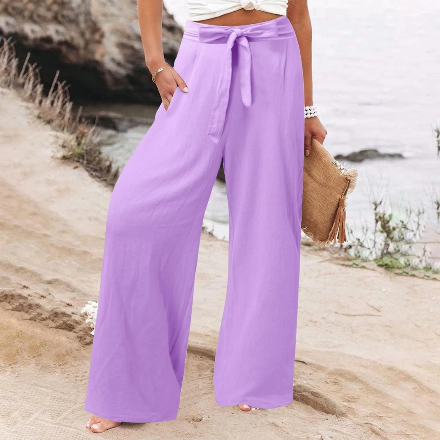 Womens Linen Summer Flowy Pants Elastic Waist Lounge Pants Slim Fit Trouser Travel