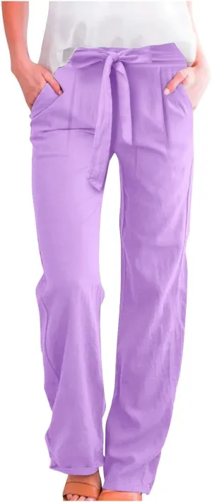 Womens Linen Summer Flowy Pants Elastic Waist Lounge Pants Slim Fit Trouser Travel