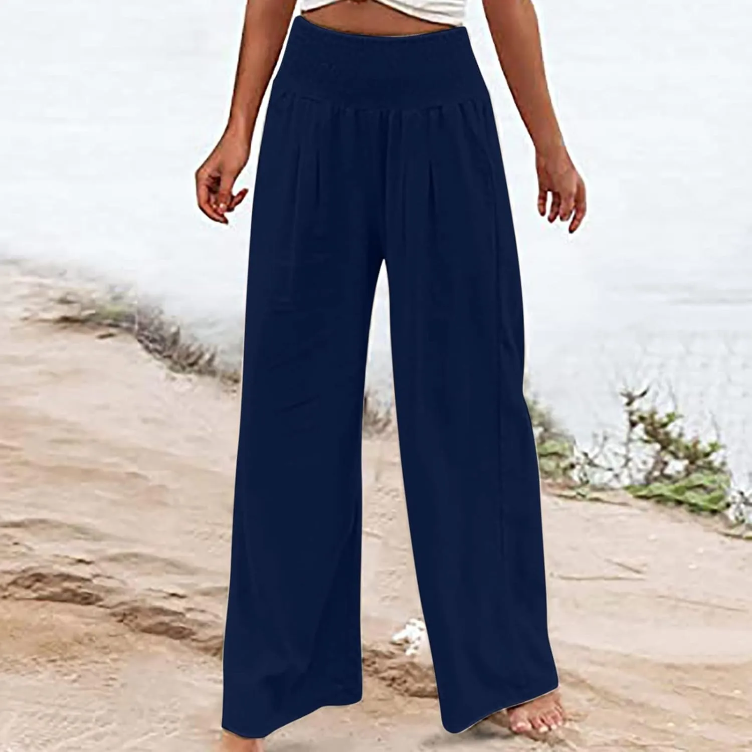Womens Linen Summer Printed Palazzo Lounge Pants Elastic Waisted Straight Plus Size Palazzo Pants Vacation
