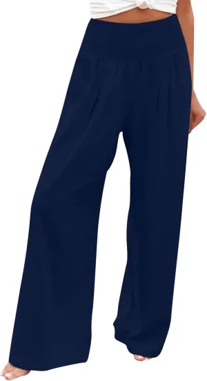 Womens Linen Summer Printed Palazzo Lounge Pants Elastic Waisted Straight Plus Size Palazzo Pants Vacation