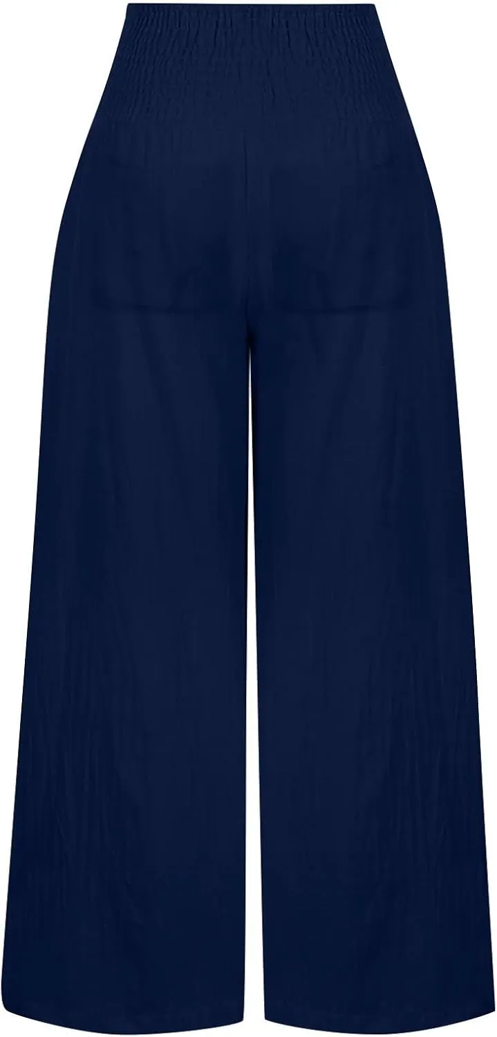 Womens Linen Summer Printed Palazzo Lounge Pants Elastic Waisted Straight Plus Size Palazzo Pants Vacation