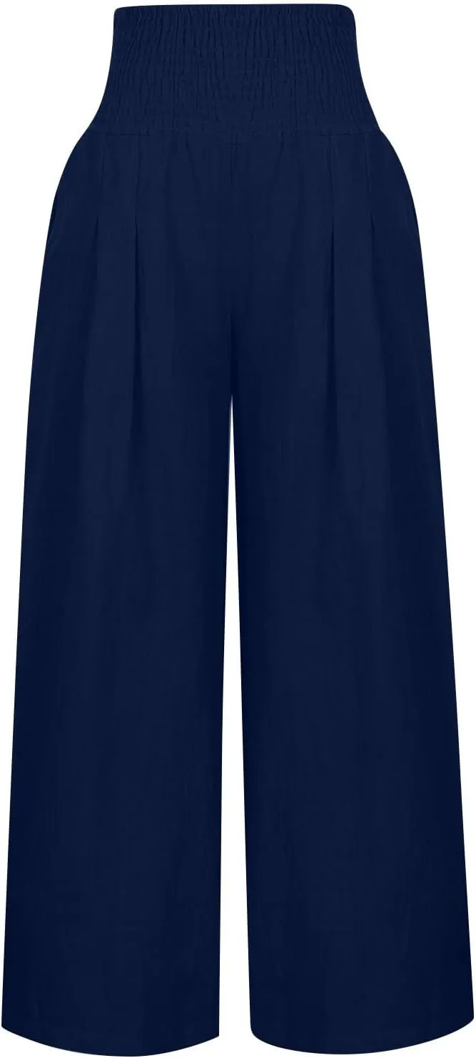 Womens Linen Summer Printed Palazzo Lounge Pants Elastic Waisted Straight Plus Size Palazzo Pants Vacation