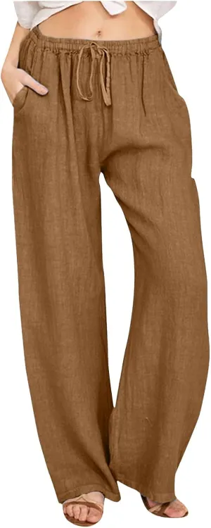 Womens Linen Summer Solid Palazzo Lounge Pants Low Waist Stretchy Loose Fit Trousers Work Business