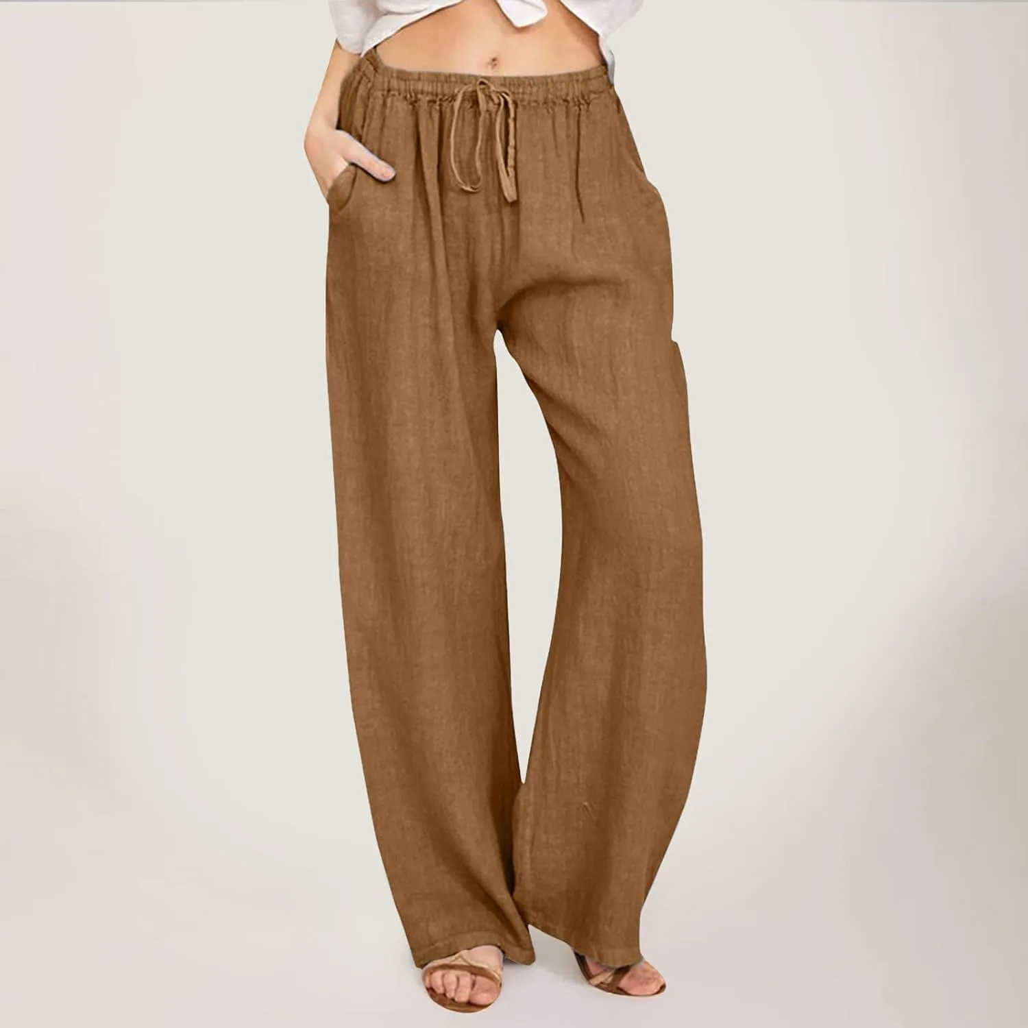 Womens Linen Summer Solid Palazzo Lounge Pants Low Waist Stretchy Loose Fit Trousers Work Business