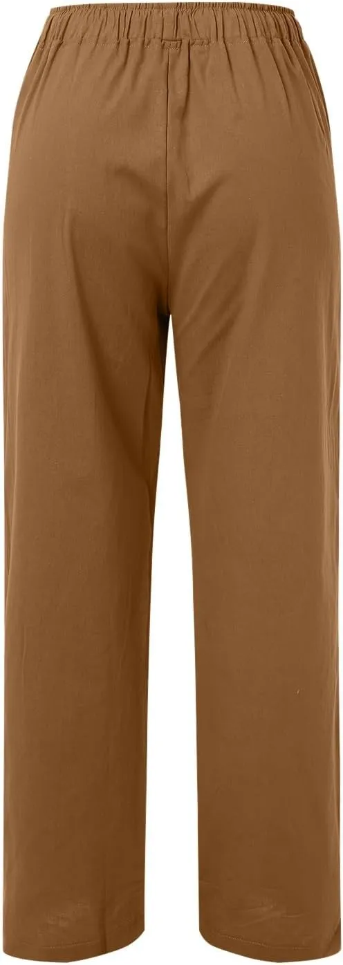 Womens Linen Summer Solid Palazzo Lounge Pants Low Waist Stretchy Loose Fit Trousers Work Business