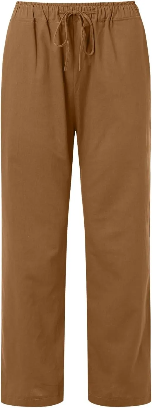 Womens Linen Summer Solid Palazzo Lounge Pants Low Waist Stretchy Loose Fit Trousers Work Business