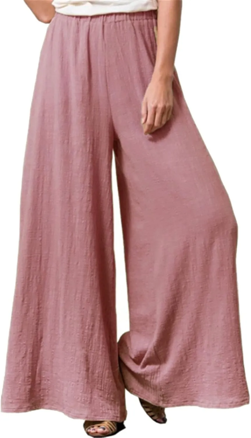Women's Linen Summer Trendy Palazzo Pants Elastic Waisted Stretchy Loose Fit Palazzo Pants Business Work