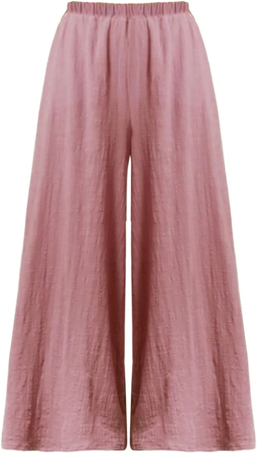 Women's Linen Summer Trendy Palazzo Pants Elastic Waisted Stretchy Loose Fit Palazzo Pants Business Work