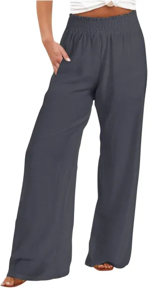 Women's Linen Wide Leg Pants Summer Boho High Waist Palazzo Lounge Pant Trousers Elastic Waist Beach Travel Outfits
