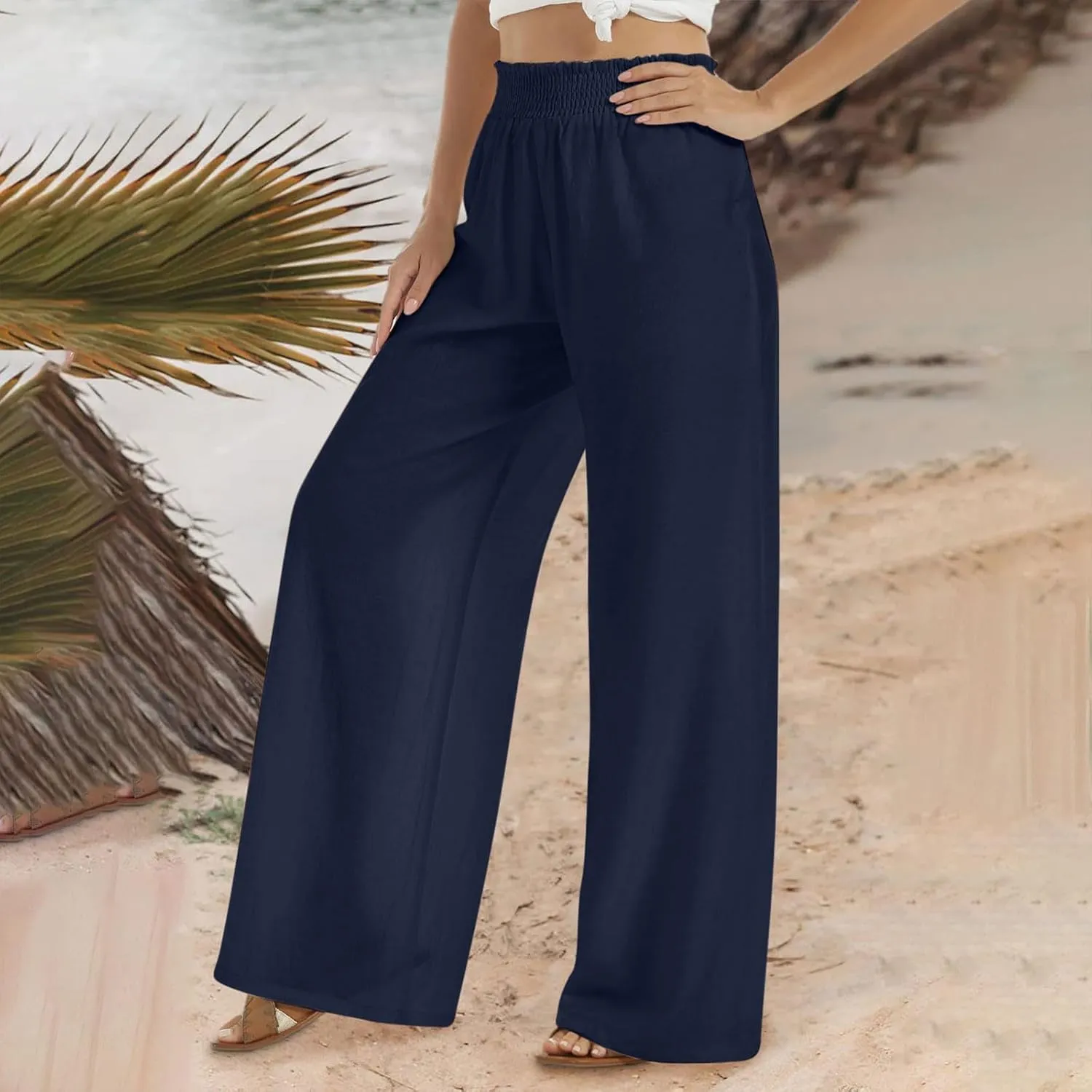 Women's Linen Wide Leg Pants Summer Boho High Waist Palazzo Lounge Pant Trousers Elastic Waist Beach Travel Outfits