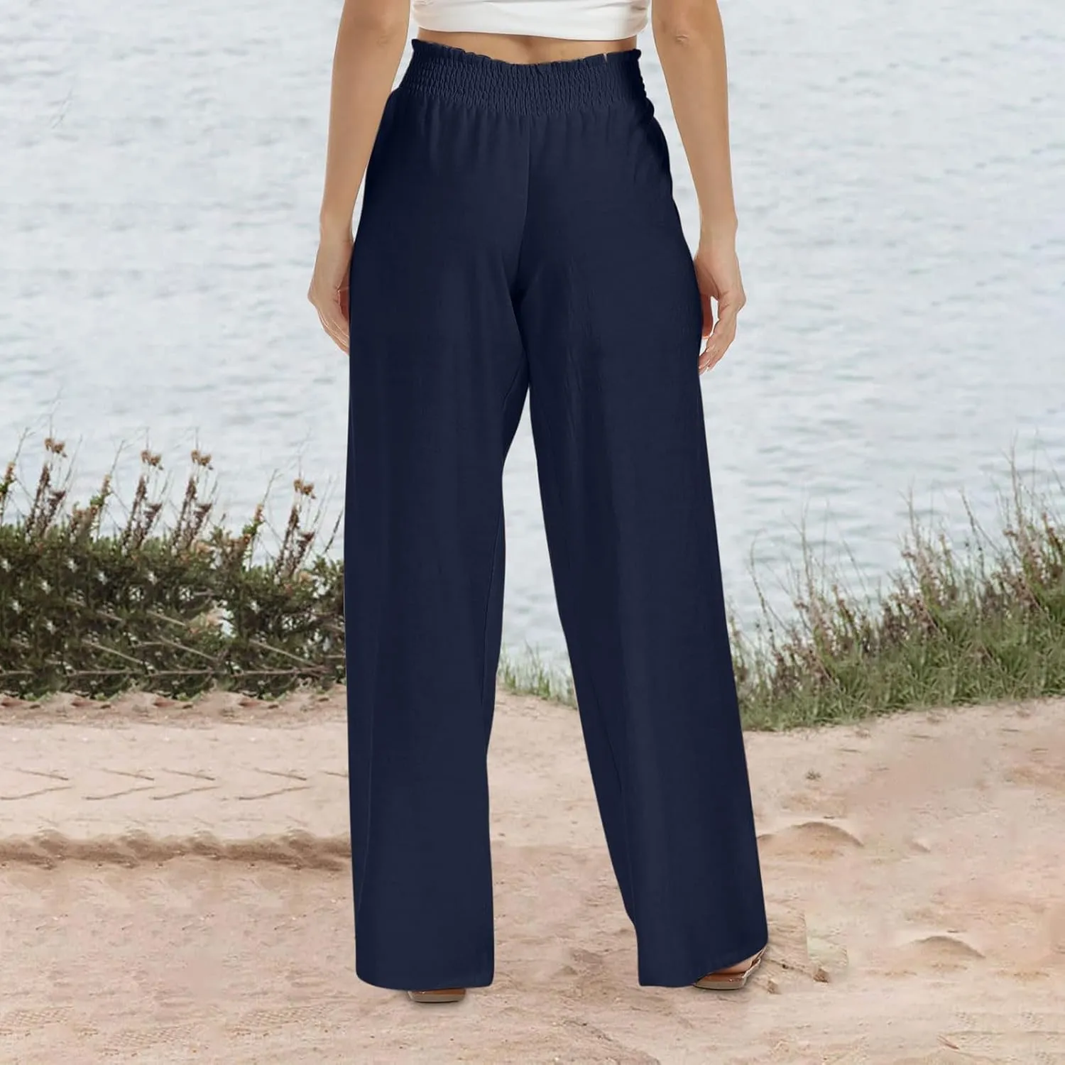 Women's Linen Wide Leg Pants Summer Boho High Waist Palazzo Lounge Pant Trousers Elastic Waist Beach Travel Outfits