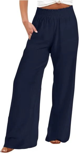 Women's Linen Wide Leg Pants Summer Boho High Waist Palazzo Lounge Pant Trousers Elastic Waist Beach Travel Outfits