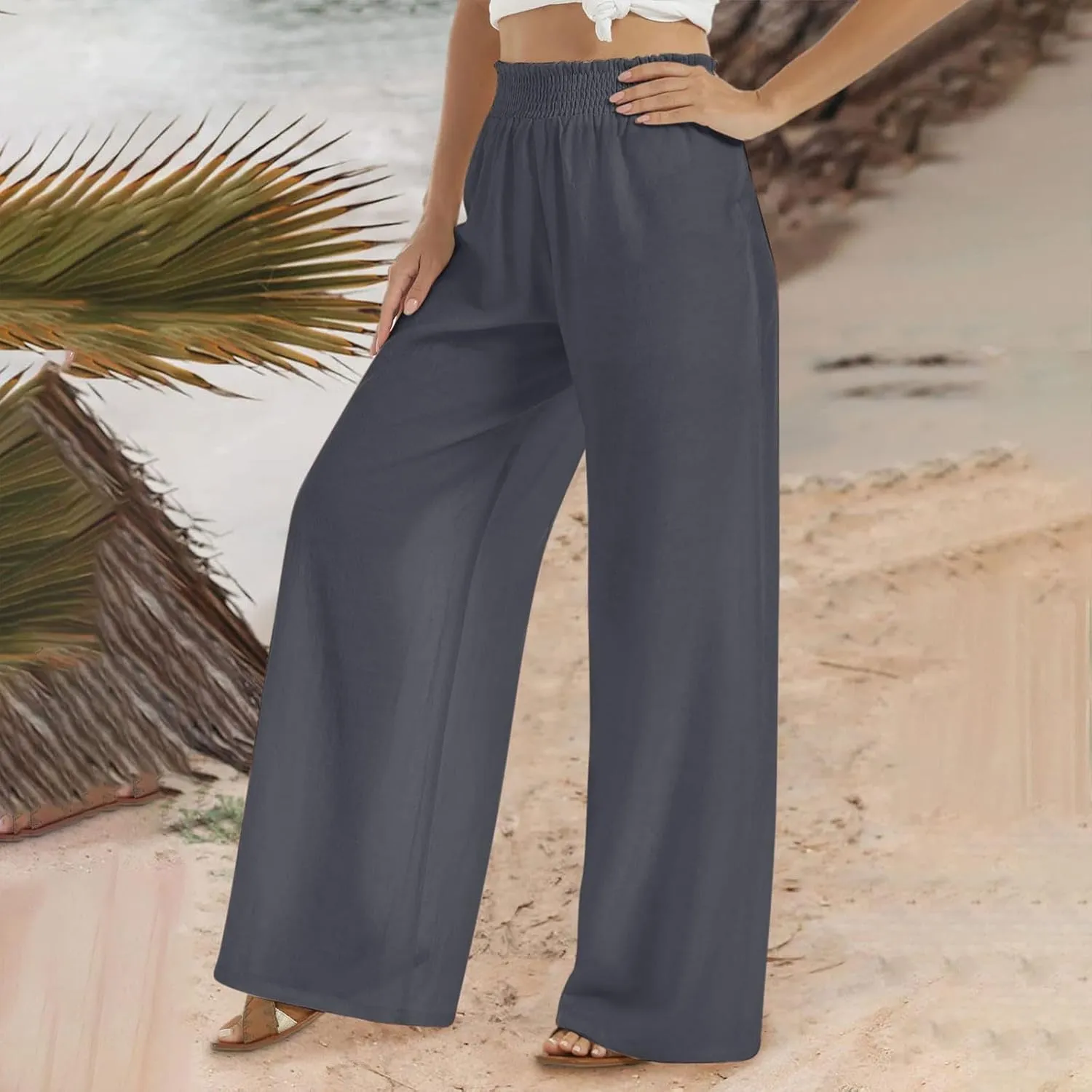 Women's Linen Wide Leg Pants Summer Boho High Waist Palazzo Lounge Pant Trousers Elastic Waist Beach Travel Outfits