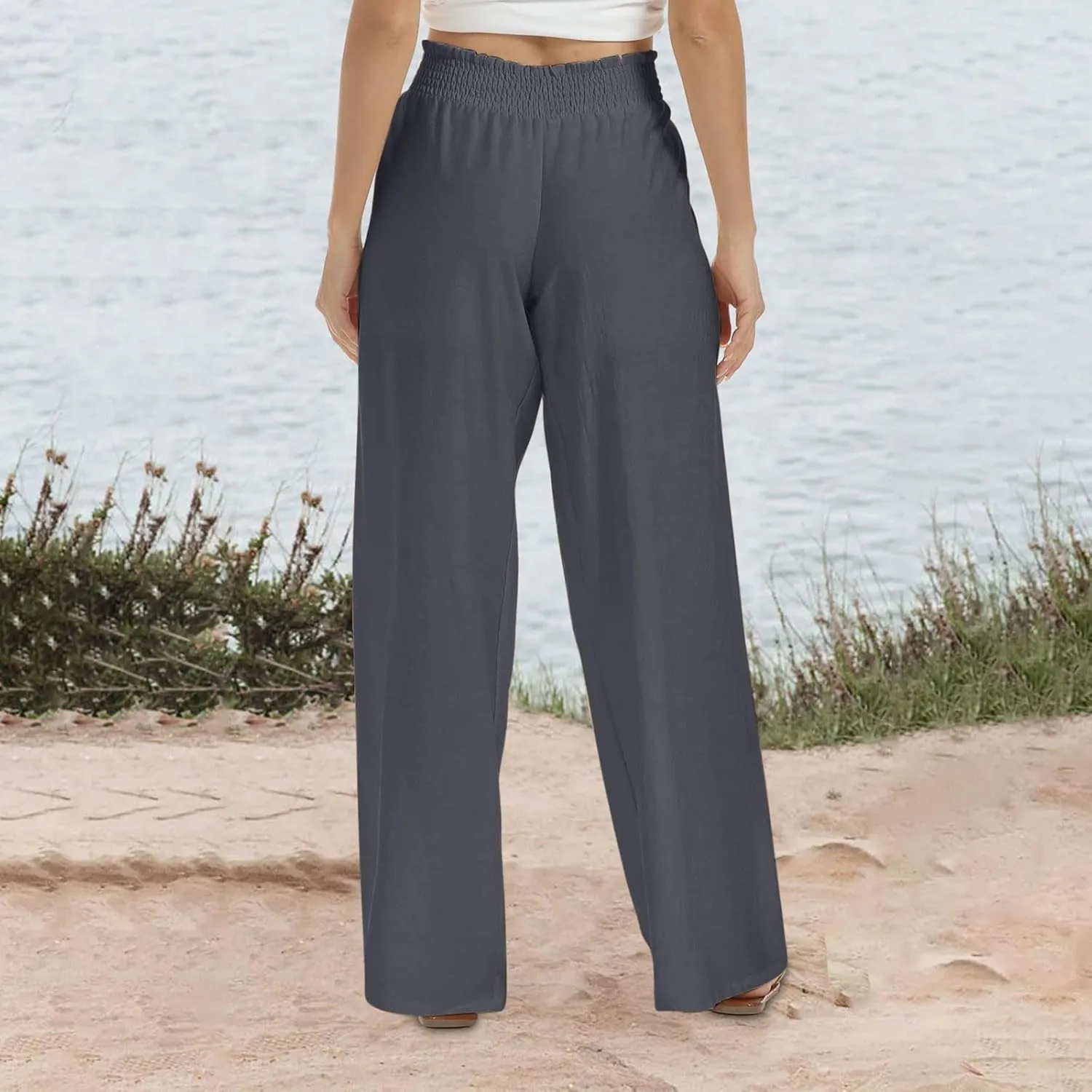 Women's Linen Wide Leg Pants Summer Boho High Waist Palazzo Lounge Pant Trousers Elastic Waist Beach Travel Outfits
