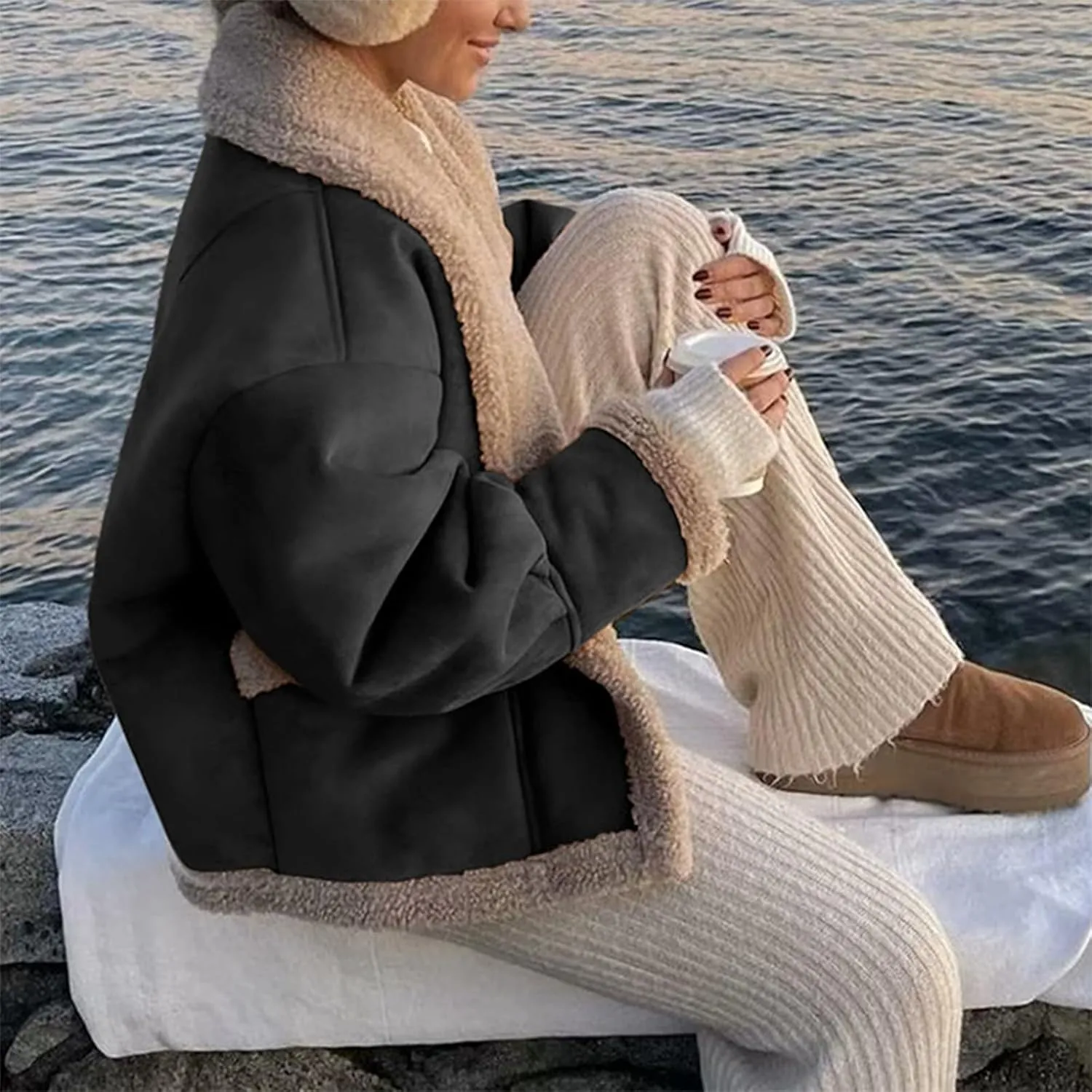 Women's Long Sleeve Oversized Sherpa Fleece Jacket With Cozy Stylish Winter Coat For Casual Wear Warm Outerwear