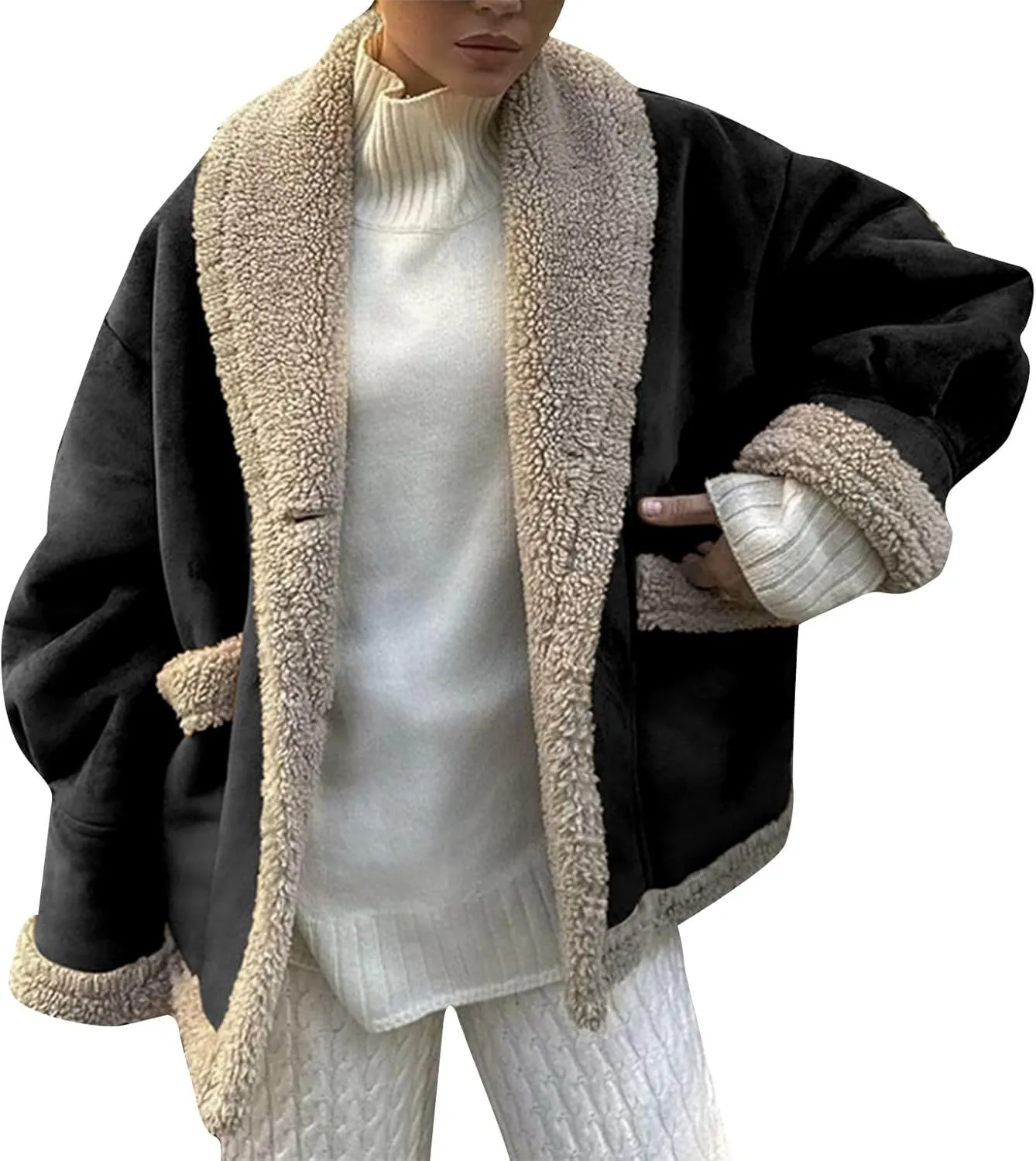 Women's Long Sleeve Oversized Sherpa Fleece Jacket With Cozy Stylish Winter Coat For Casual Wear Warm Outerwear