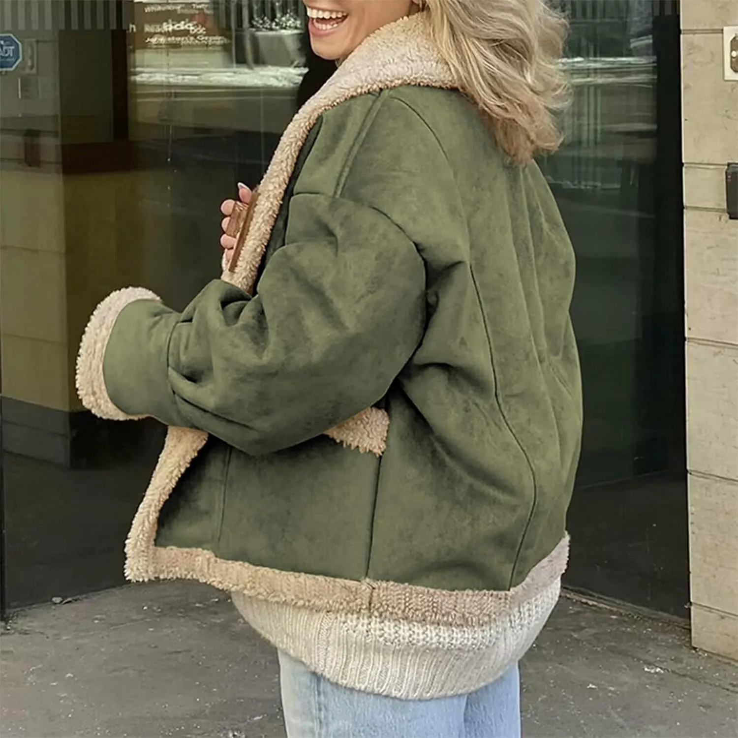 Women's Long Sleeve Oversized Sherpa Fleece Jacket With Cozy Stylish Winter Coat For Casual Wear Warm Outerwear