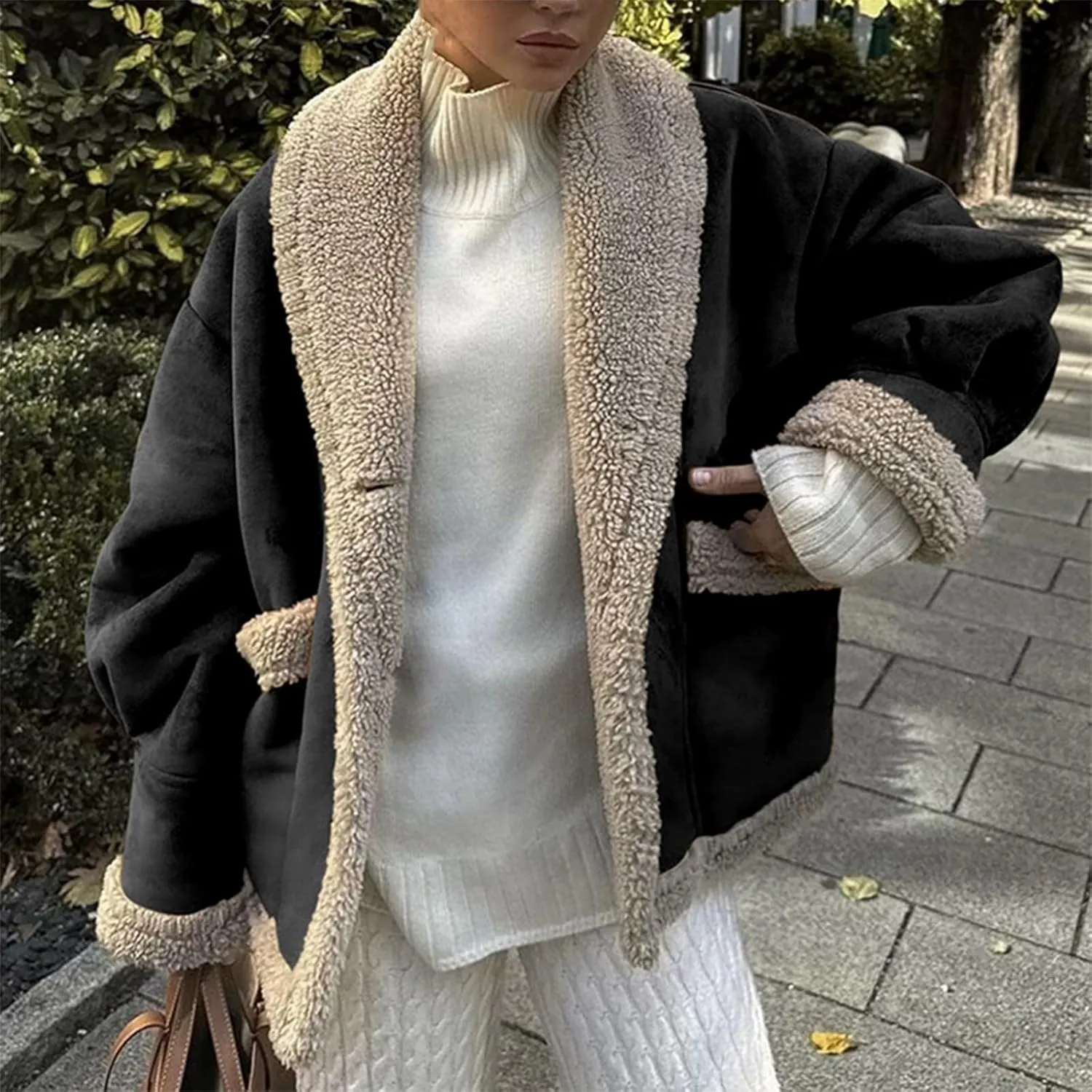 Women's Long Sleeve Oversized Sherpa Fleece Jacket With Cozy Stylish Winter Coat For Casual Wear Warm Outerwear