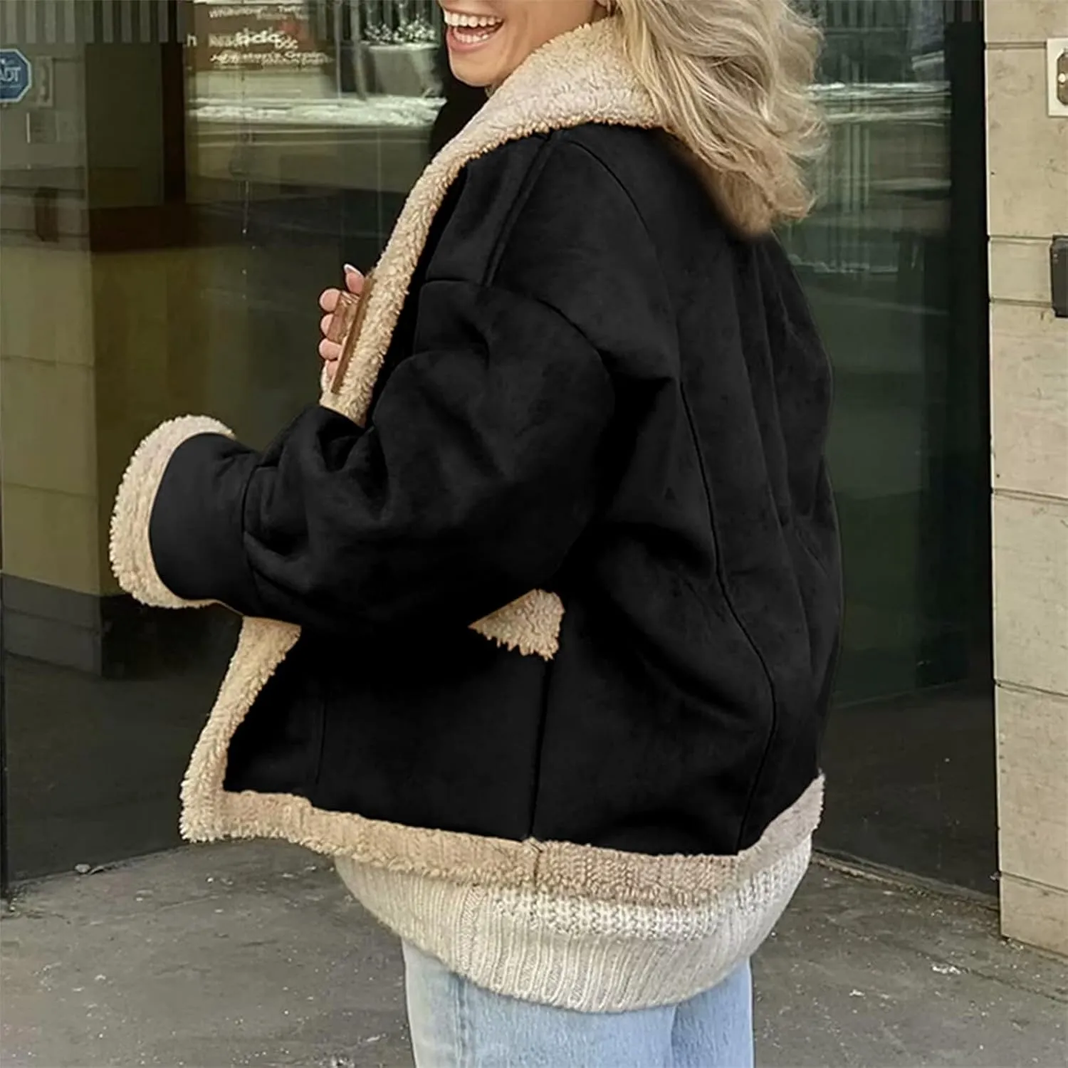 Women's Long Sleeve Oversized Sherpa Fleece Jacket With Cozy Stylish Winter Coat For Casual Wear Warm Outerwear