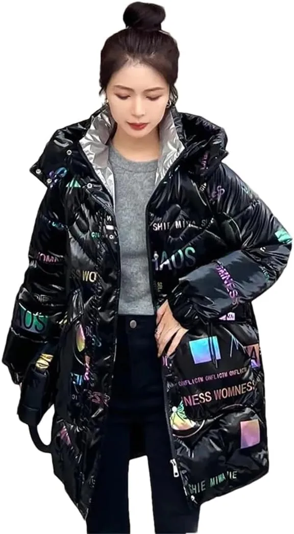 Womens Loose Padded Jacket Size Hooded Long Parkas Down Cotton Coat Bright Face Wash Free Jacket