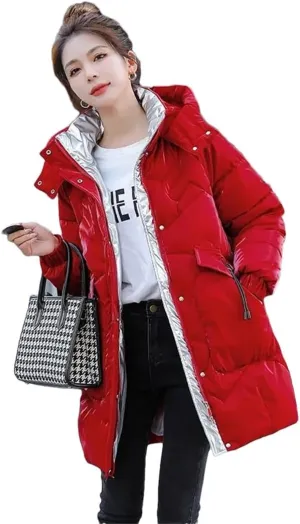 Womens Loose Padded Jacket Size Hooded Long Parkas Down Cotton Coat Bright Face Wash Free Jacket