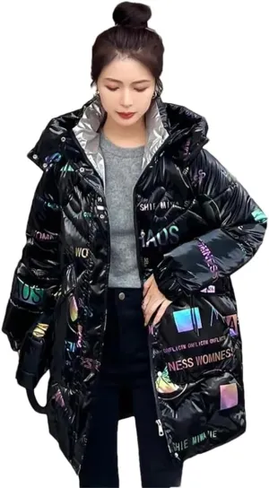 Womens Loose Padded Jacket Size Hooded Long Parkas Down Cotton Coat Bright Face Wash Free Jacket