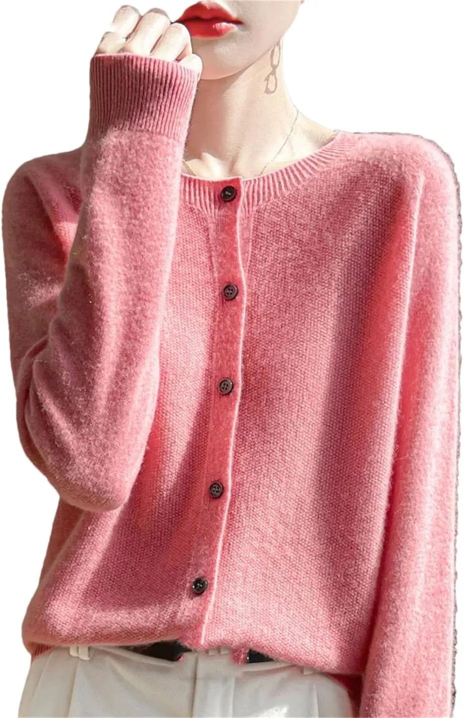 Women's Merino Wool Sweater O Neck Long Sleeve Cardigan Regular Fit Top