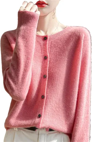 Women's Merino Wool Sweater O Neck Long Sleeve Cardigan Regular Fit Top