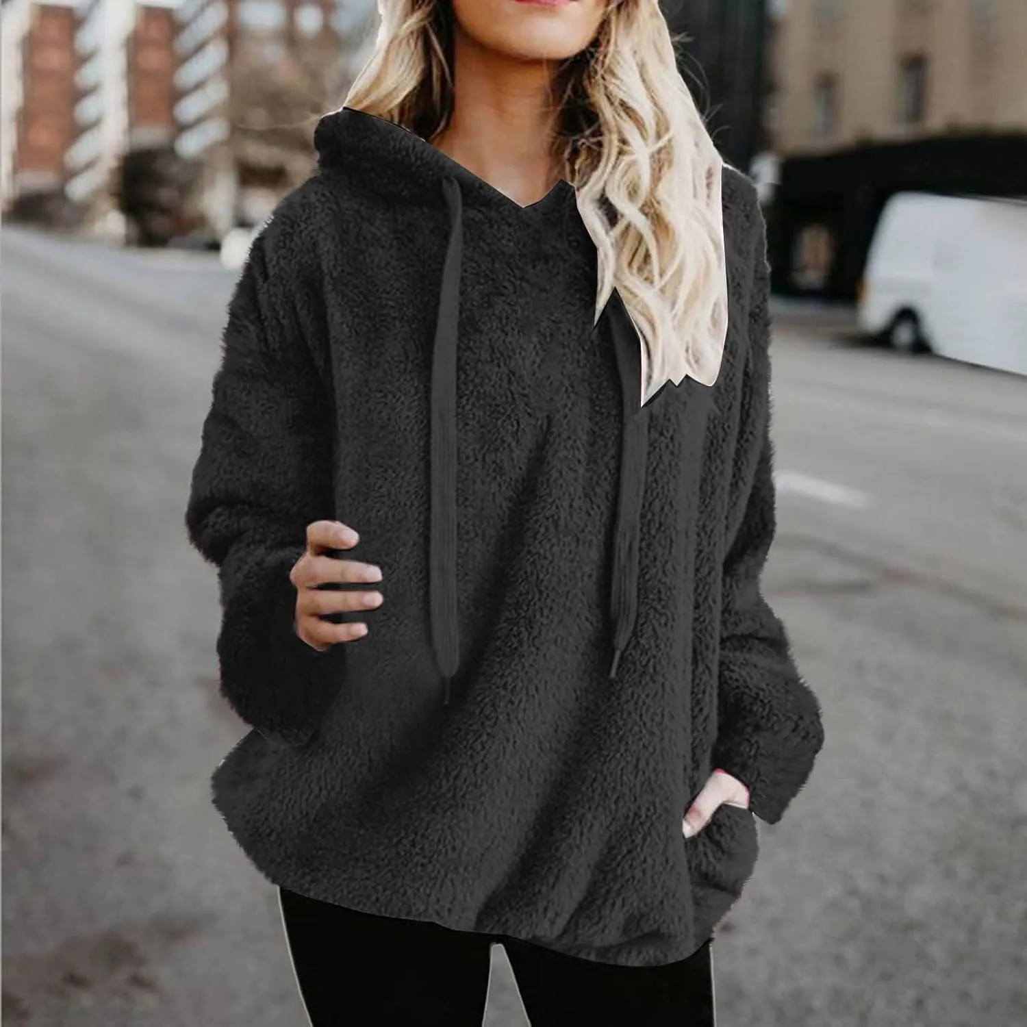 Womens Oversized Sherpa Pullover Hoodies Fuzzy Fleece Sweatshirt Plus Size Fall Winter Fluffy Jacket with Pockets