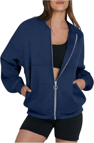 Womens Oversized Sweatshirts Hoodies Zip Up Pullover Fall Cool Outfits Crew Neck Simple Elegant Winter Jack Coat
