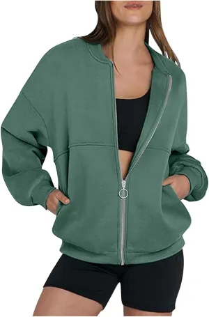 Womens Oversized Sweatshirts Hoodies Zip Up Pullover Fall Cool Outfits Crew Neck Simple Elegant Winter Jack Coat