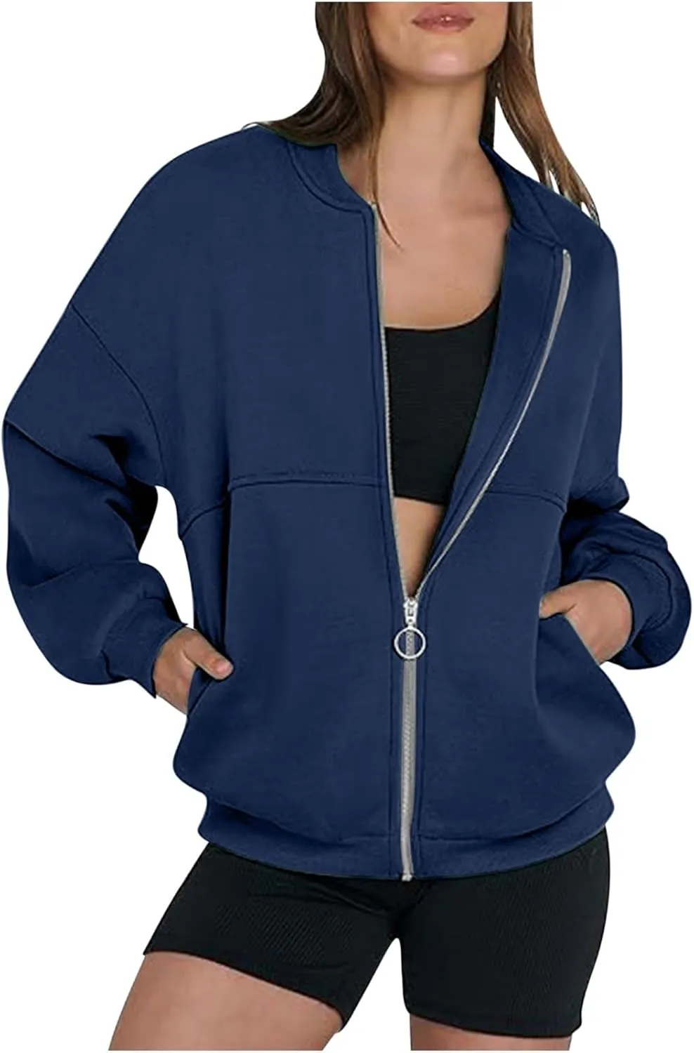 Womens Oversized Sweatshirts Hoodies Zip Up Pullover Fall Cool Outfits Crew Neck Simple Elegant Winter Jack Coat
