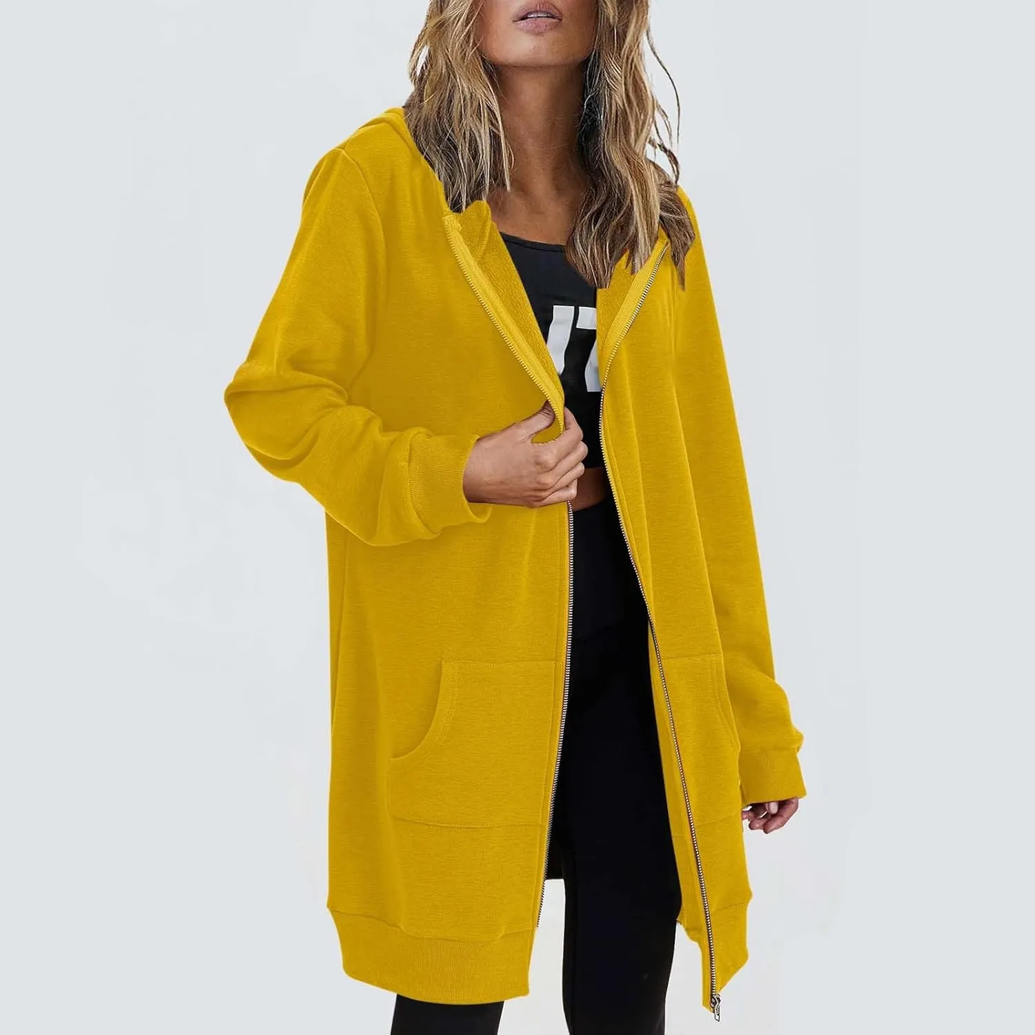 Womens Oversized Zip Up Long Hoodies Casual Long Sleeve Solid Color Sweatshirts Fall Trendy Loose Jacket with Pockets