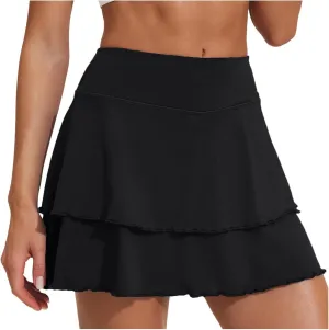 Womens Pleated Tennis Skirt Double Ruffle Flowy Golf Skort High Waisted Tummy Control Gym Running Athletic Skirts Wine XXL