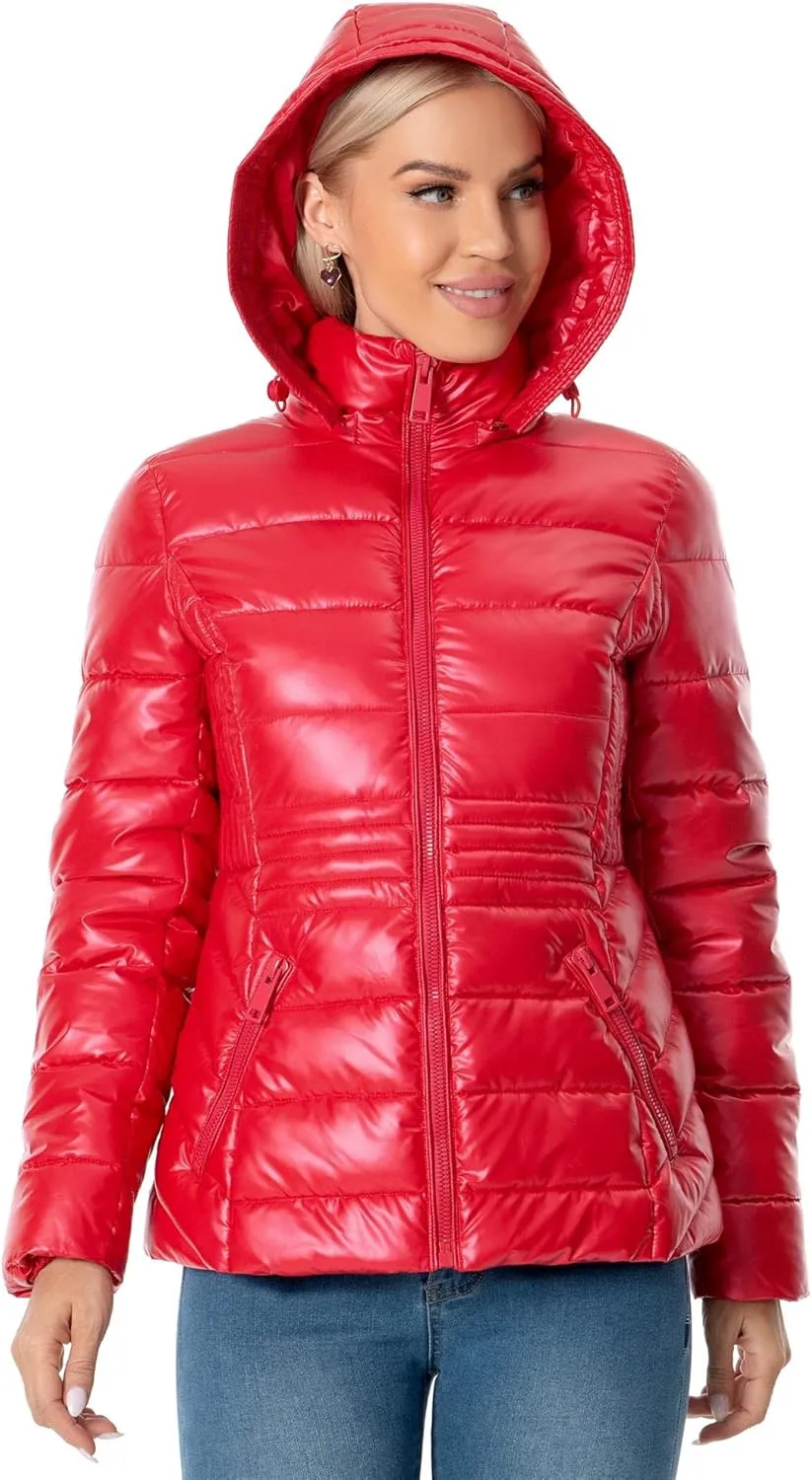 Women's Quilted Lightweight Puffer Jacket Metallic Shiny Winter Warm Zip Up Padded Coat with Detachable Hood