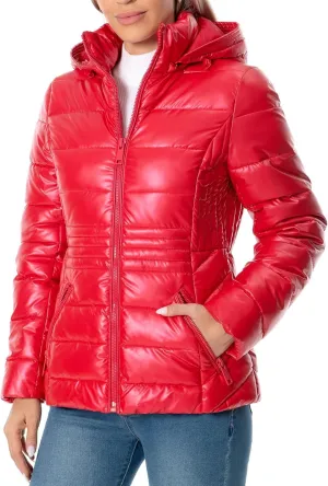 Women's Quilted Lightweight Puffer Jacket Metallic Shiny Winter Warm Zip Up Padded Coat with Detachable Hood