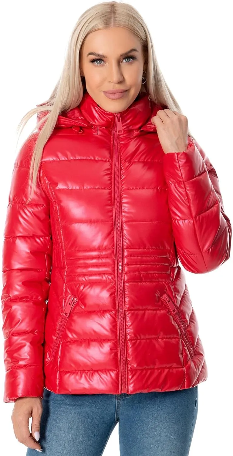 Women's Quilted Lightweight Puffer Jacket Metallic Shiny Winter Warm Zip Up Padded Coat with Detachable Hood