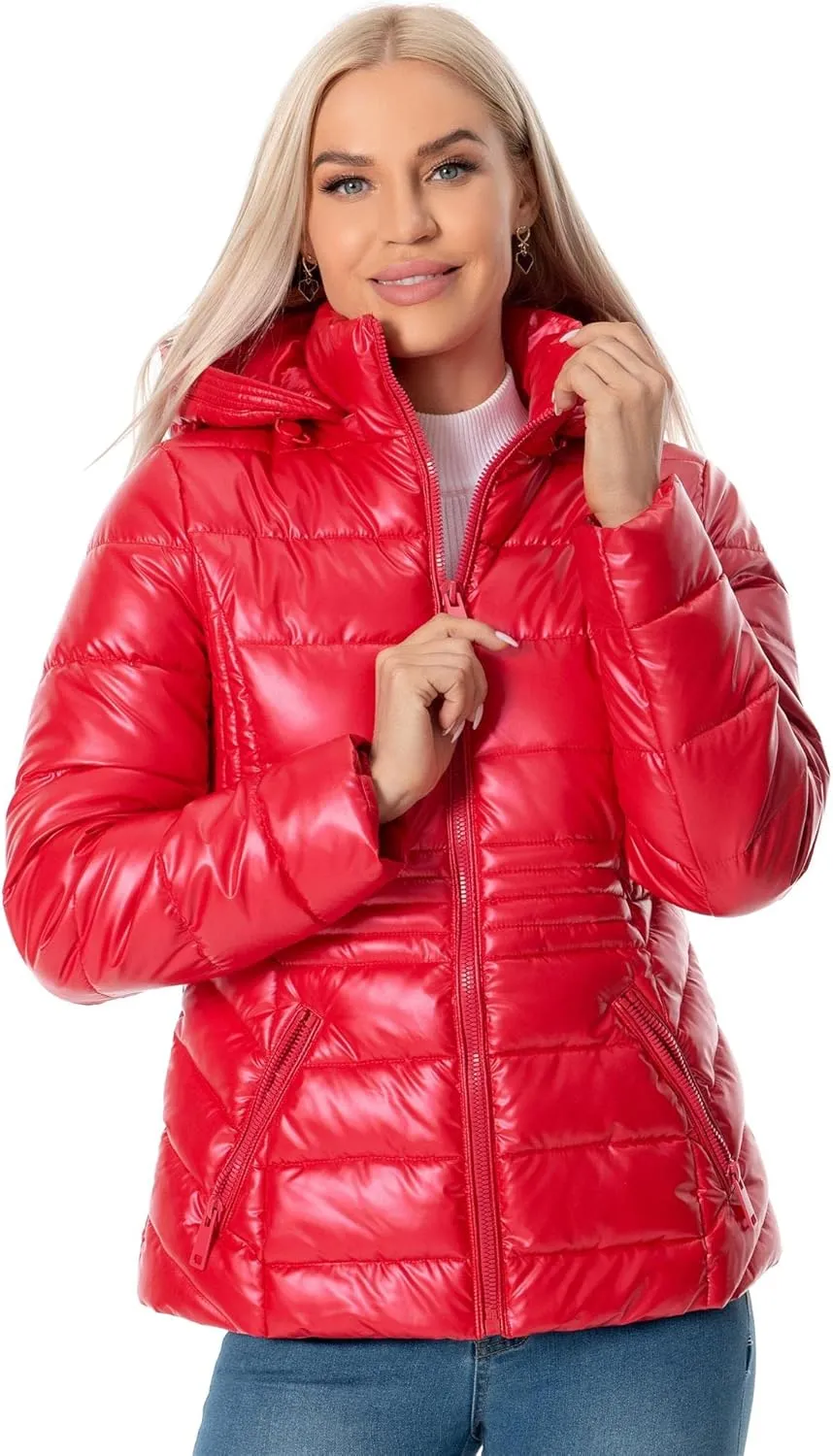 Women's Quilted Lightweight Puffer Jacket Metallic Shiny Winter Warm Zip Up Padded Coat with Detachable Hood
