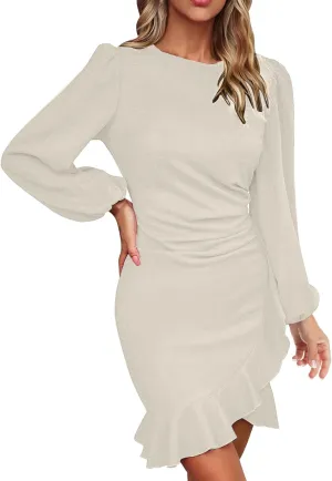Women's Ruched Bodycon Dress Lantern Long Sleeve Ruffle Pencil Dress Comfy Cocktail Party Wedding Guest Mini Dresses