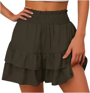 Women's Ruffle Tiered Skorts Trendy Elastic High Waist Wide Leg Baggy Skirt Shorts Clubwear Comfy Summer Beach Shorts