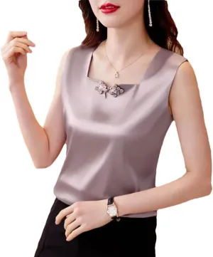 Women's Satin Camisole Tank Tops Square Neck National Button Sleeveless Top Silk Vest