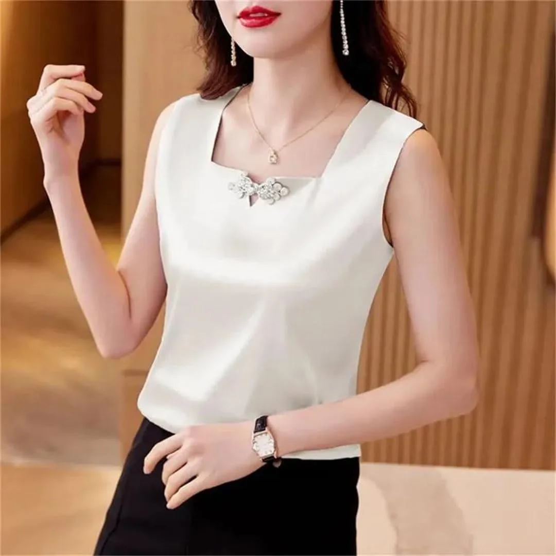Women's Satin Camisole Tank Tops Square Neck National Button Sleeveless Top Silk Vest