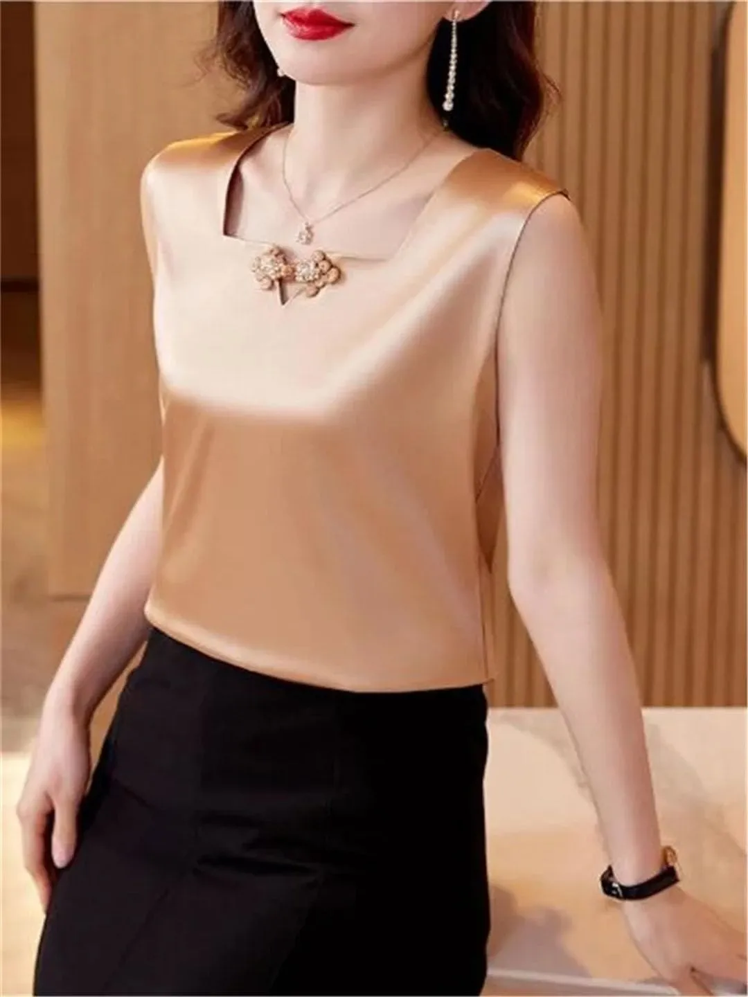 Women's Satin Camisole Tank Tops Square Neck National Button Sleeveless Top Silk Vest