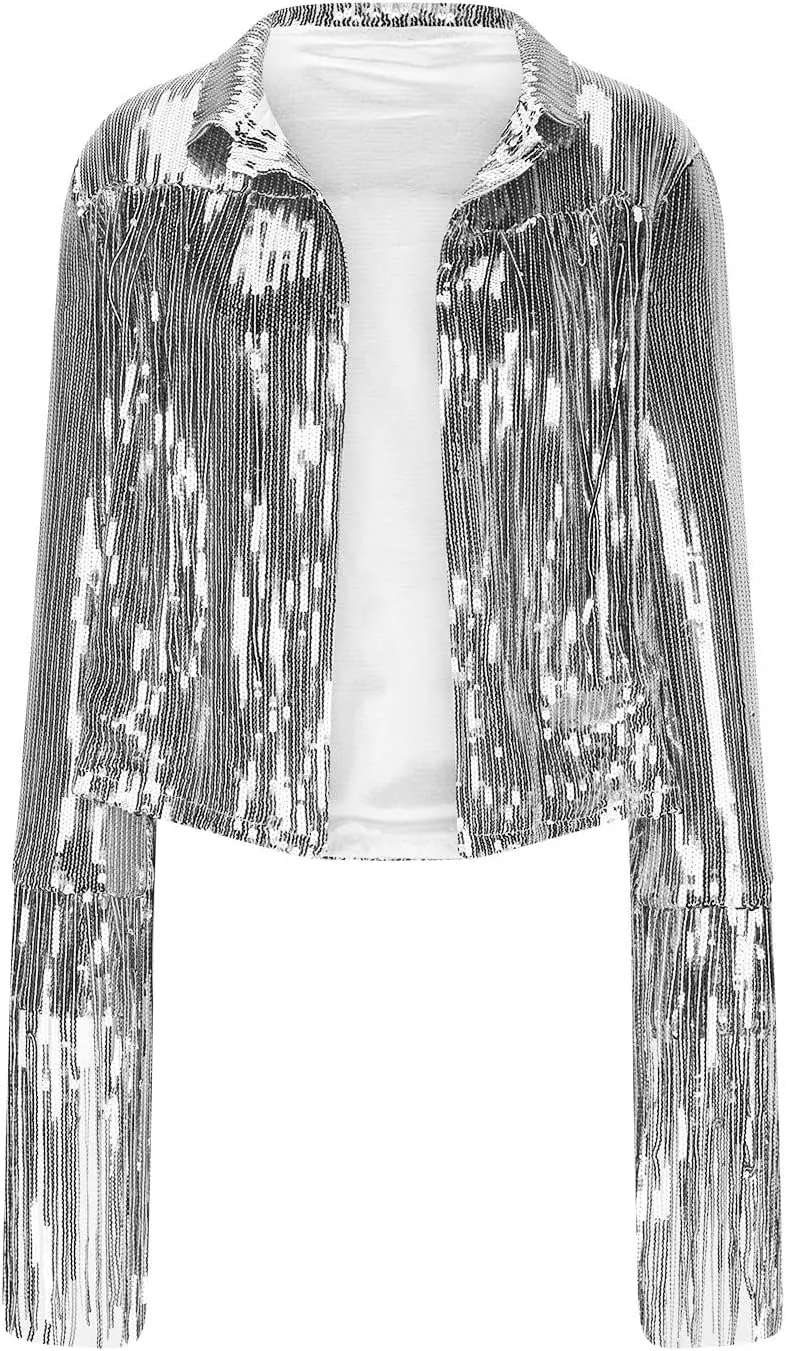 Women's Sequin Jacket Sparkly Fringe Flutter Sequin Top Jacket Shimmer Long Sleeve Hoodless Sparkly Denim Coat 2025