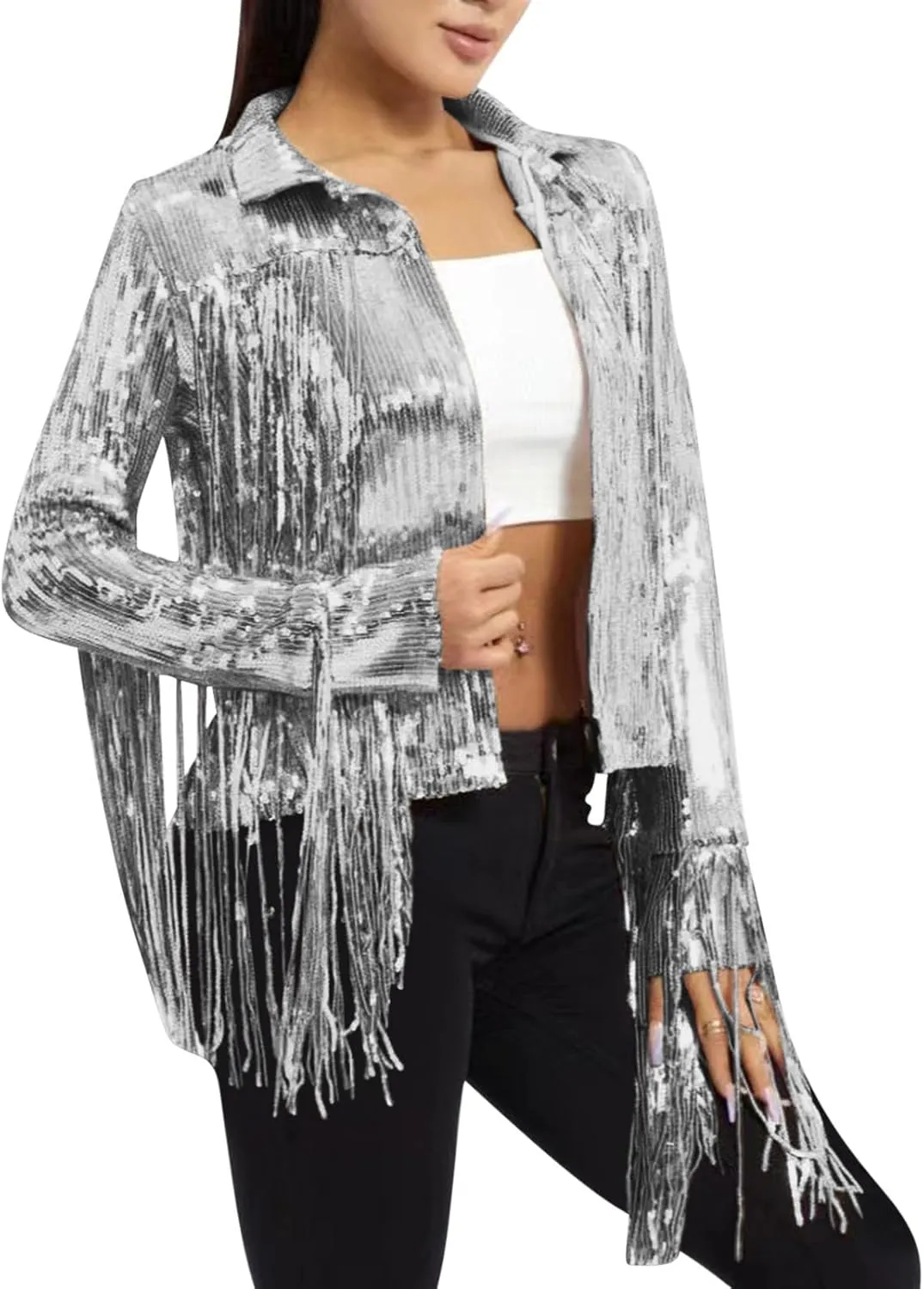 Women's Sequin Jacket Sparkly Fringe Flutter Sequin Top Jacket Shimmer Long Sleeve Hoodless Sparkly Denim Coat 2025