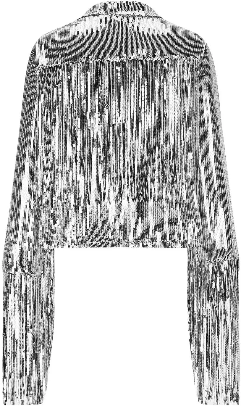 Women's Sequin Jacket Sparkly Fringe Flutter Sequin Top Jacket Shimmer Long Sleeve Hoodless Sparkly Denim Coat 2025