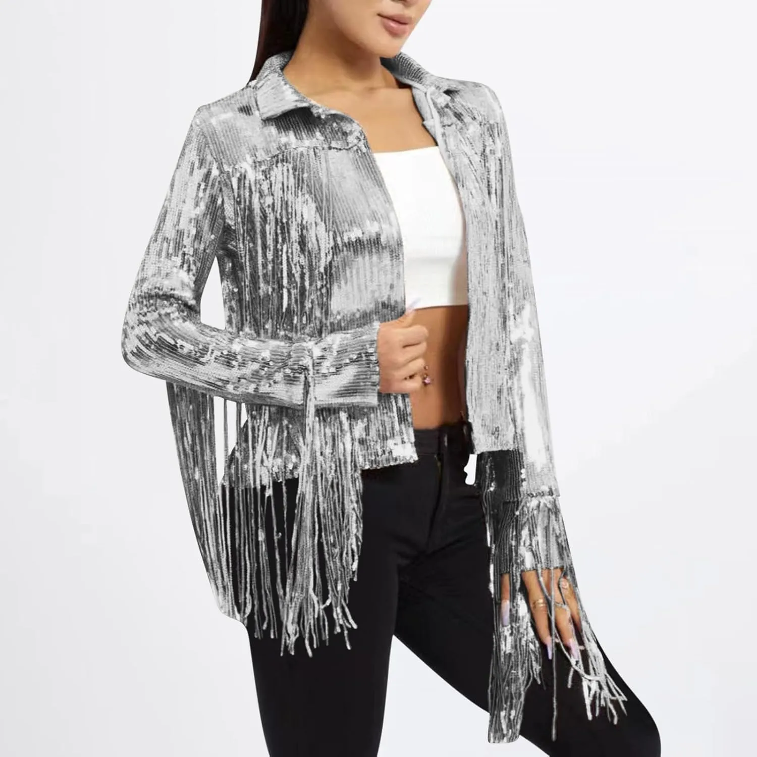 Women's Sequin Jacket Sparkly Fringe Flutter Sequin Top Jacket Shimmer Long Sleeve Hoodless Sparkly Denim Coat 2025