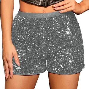 Womens Sequin Shorts Elastic High Waisted Sparkly Straight Legs Shorts 2025 Glitter Sparkle Party Shorts